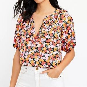 Loft Floral puffed sleeve tie neck top